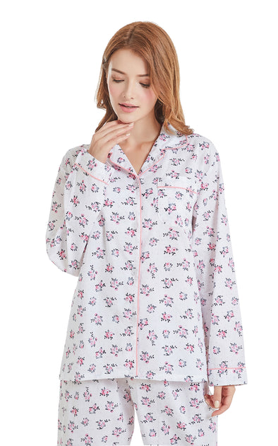 Womens Cotton Long Sleeve Woven Pajama Set White With Pink Floral Pri Tony And Candice 