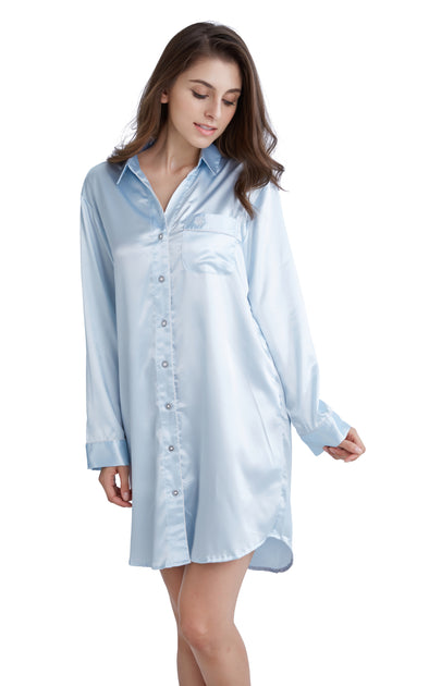 slipintosoft Kid's Silk Nightshirt Girls Fashion Sleep Shirt with Pocket White Piping Light Blue / XL