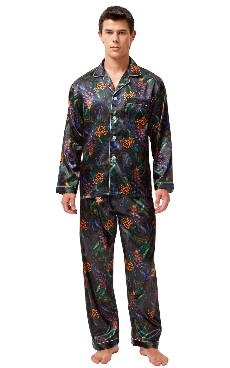 Men's Silk Satin Pajama Set Long Sleeve-Green/Purple Leaves