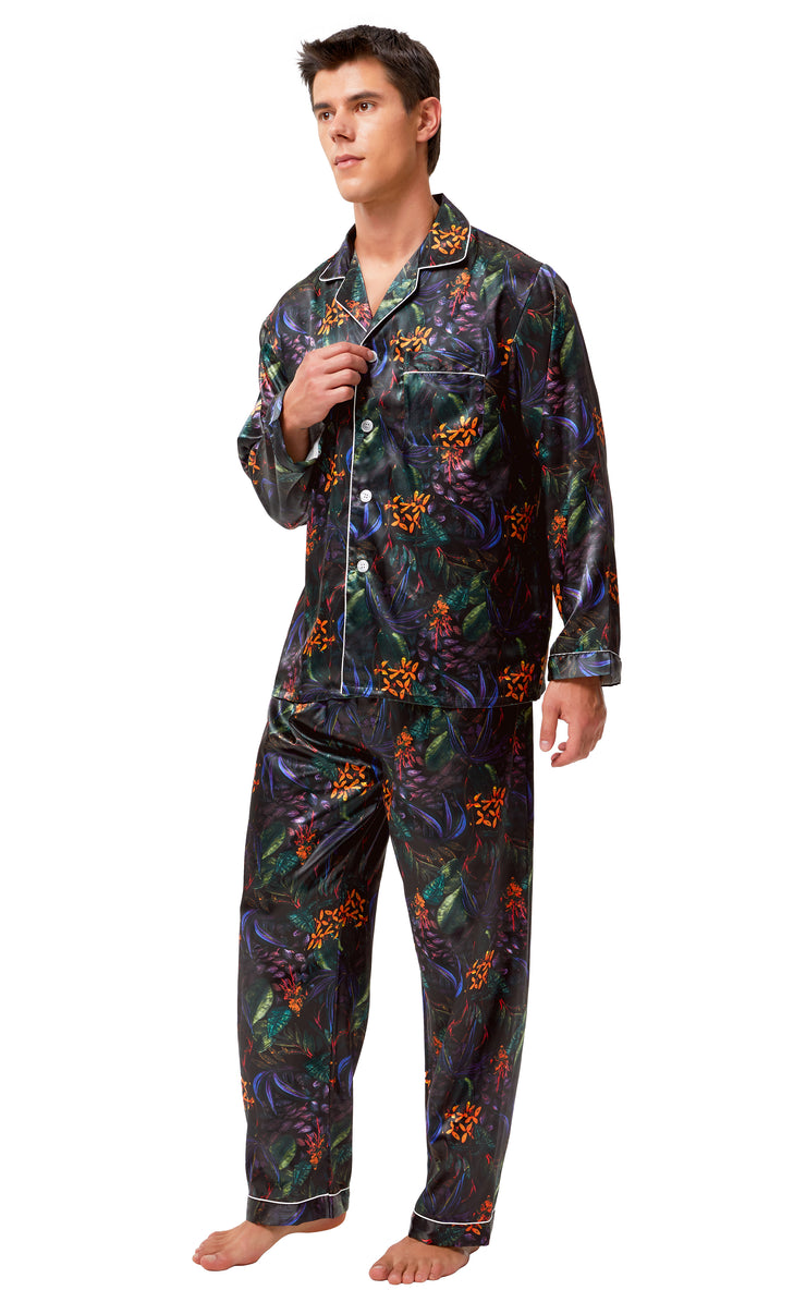 Men's Silk Satin Pajama Set Long Sleeve-Green/Purple Leaves