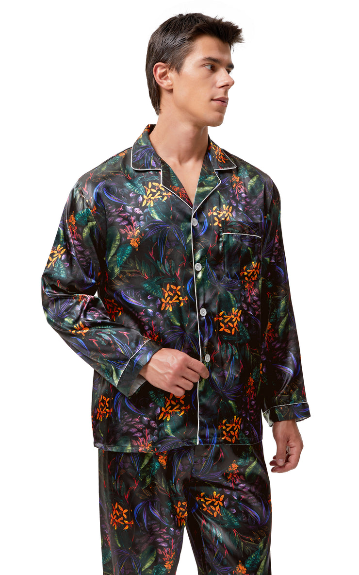 Men's Silk Satin Pajama Set Long Sleeve-Green/Purple Leaves