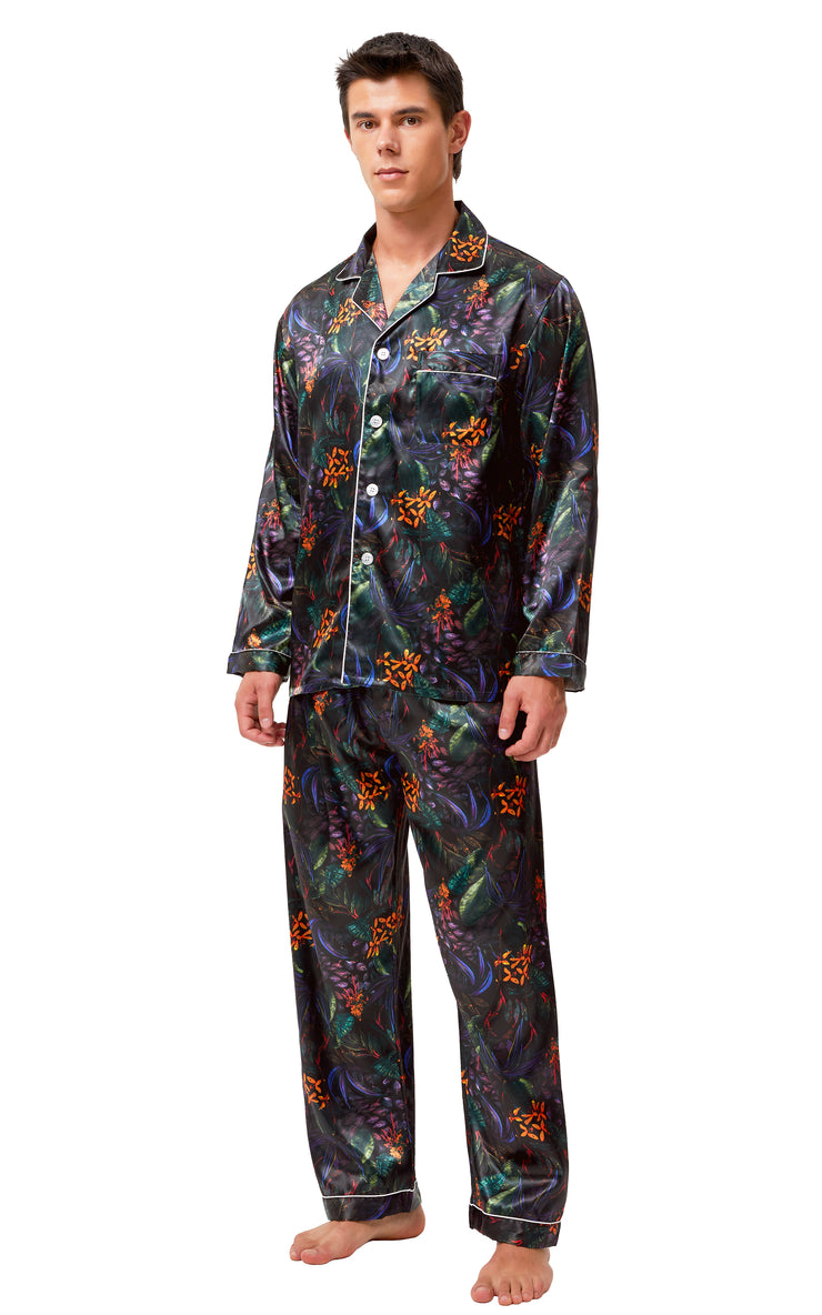 Men's Silk Satin Pajama Set Long Sleeve-Green/Purple Leaves