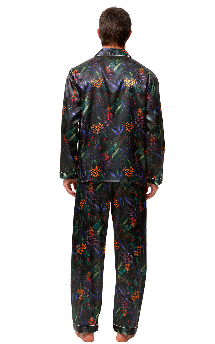 Men's Silk Satin Pajama Set Long Sleeve-Green/Purple Leaves