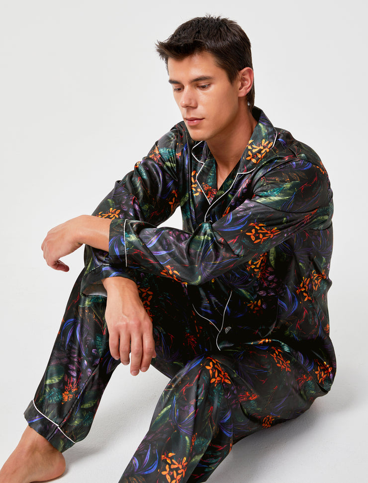 Men's Silk Satin Pajama Set Long Sleeve-Green/Purple Leaves