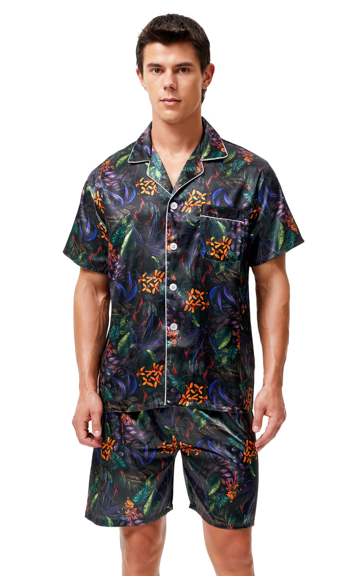 Men's Silk Satin Pajama Set Short Sleeve-Green/Purple Leaves