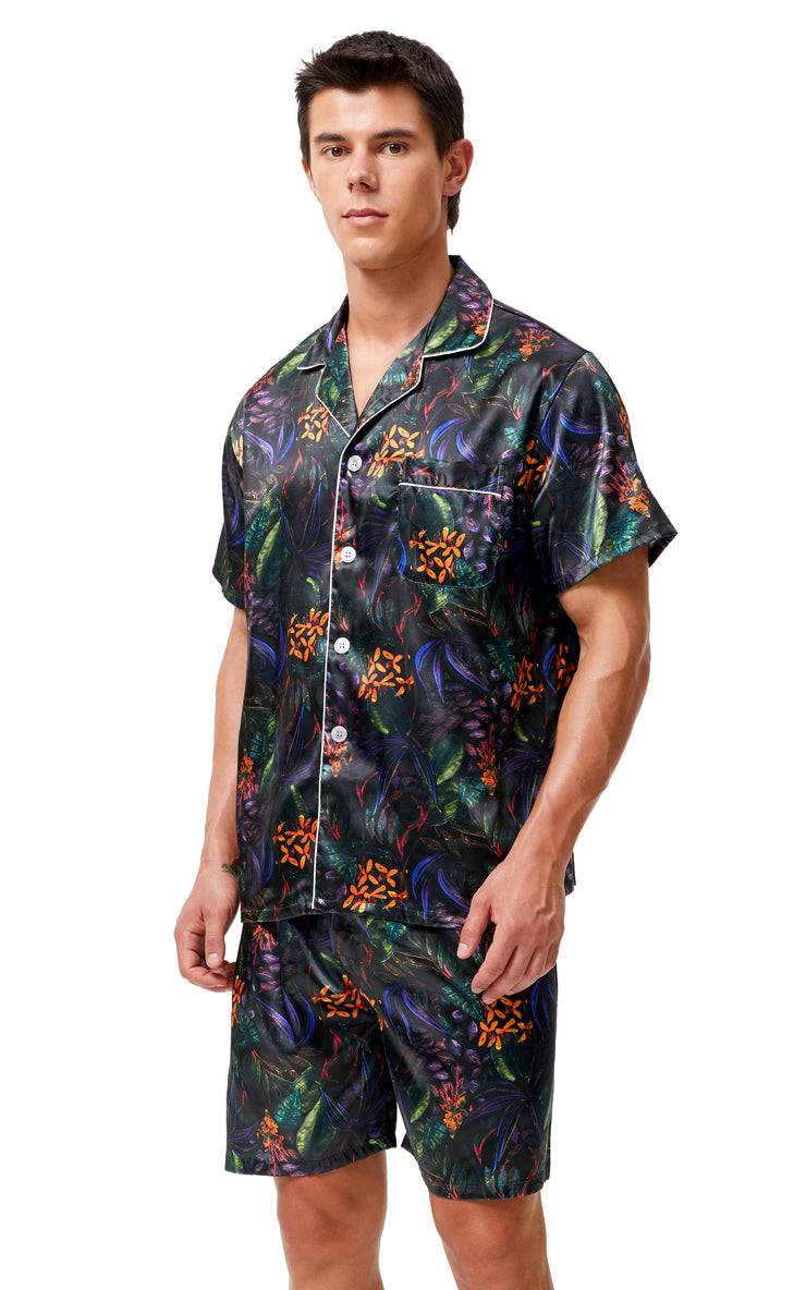 Men's Silk Satin Pajama Set Short Sleeve-Green/Purple Leaves