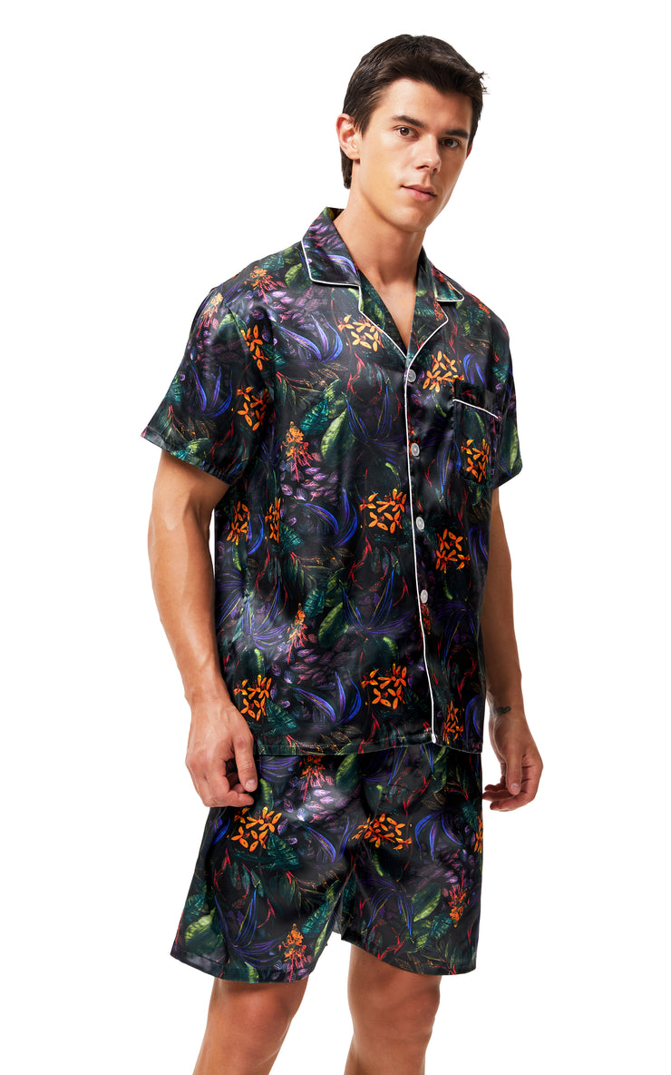 Men's Silk Satin Pajama Set Short Sleeve-Green/Purple Leaves