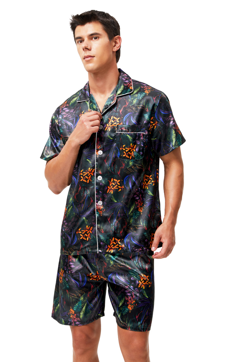 Men's Silk Satin Pajama Set Short Sleeve-Green/Purple Leaves