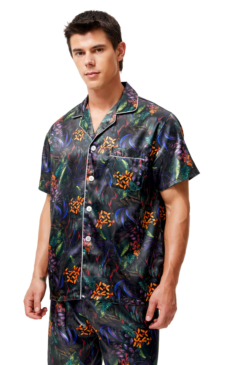 Men's Silk Satin Pajama Set Short Sleeve-Green/Purple Leaves