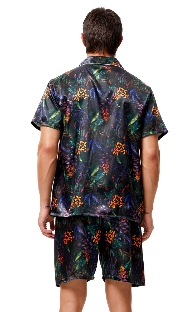 Men's Silk Satin Pajama Set Short Sleeve-Green/Purple Leaves