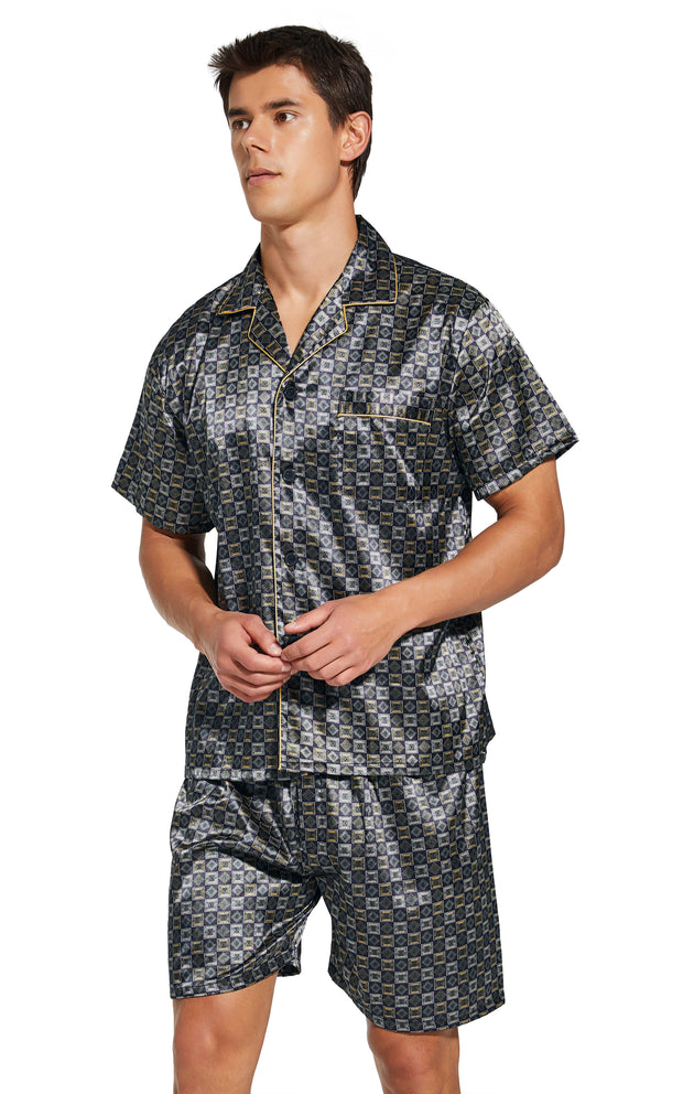 Men's Silk Satin Pajama Set Short Sleeve-Golden/White Check