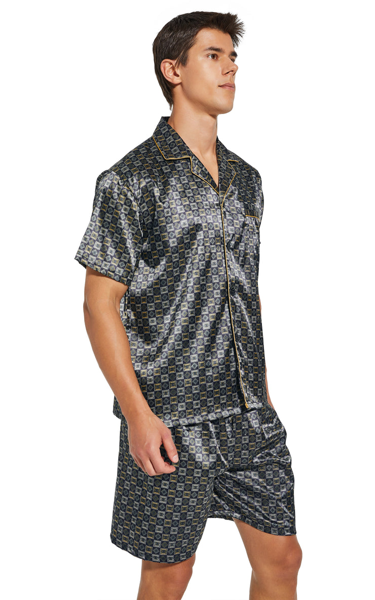 Men's Silk Satin Pajama Set Short Sleeve-Golden/White Check
