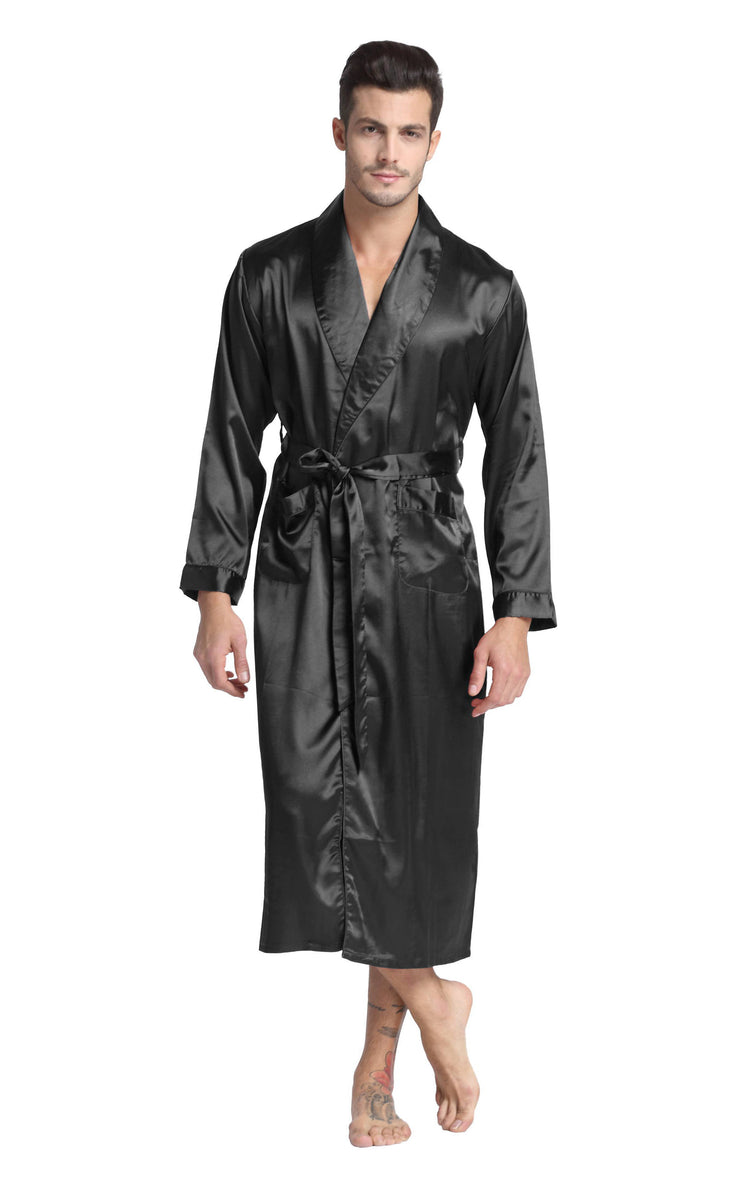 Men's Satin Long Robe with Shawl Collar-Black – Tony & Candice