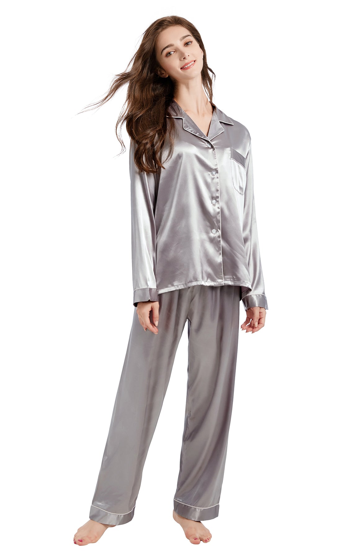Women's Silk Satin Pajama Set Long Sleeve-Gray with White Piping – Tony ...