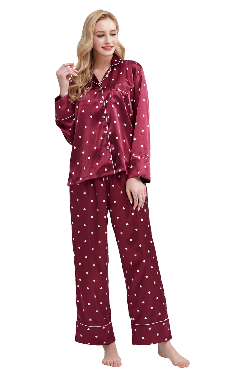 Women's Silk Satin Pajama Set Long Sleeve-Black with White Piping – Tony &  Candice